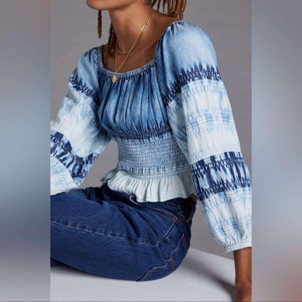 Anthropologie Pilcro Smocked Peasant Top – Blue/White Tie-Dye – Size Small